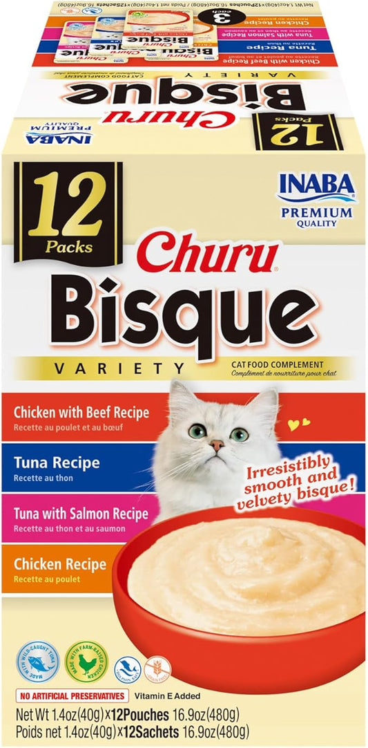 INABA Churu Bisque for Cats, Creamy Lickable Purée Side Dish with Vitamin E, 1.4 Ounces per Pouch, 12 Pouches, Tuna & Chicken Variety