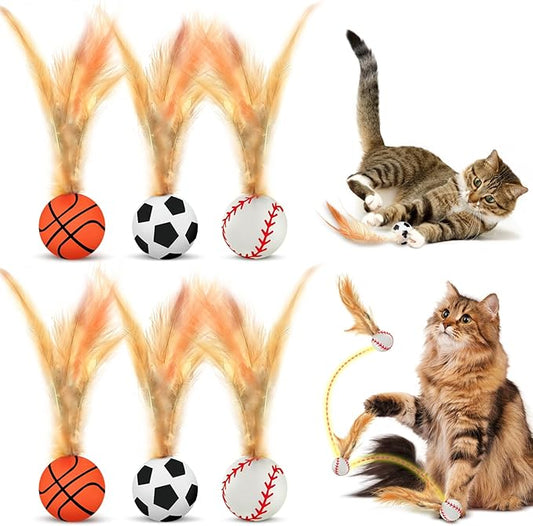 6 Pack Interactive Cat Ball Toys,Bouncy Ball with Natural Feathers for Indoor Cats and Kittens,Elastic Cat Toy Balls for Cats Playing Exercise