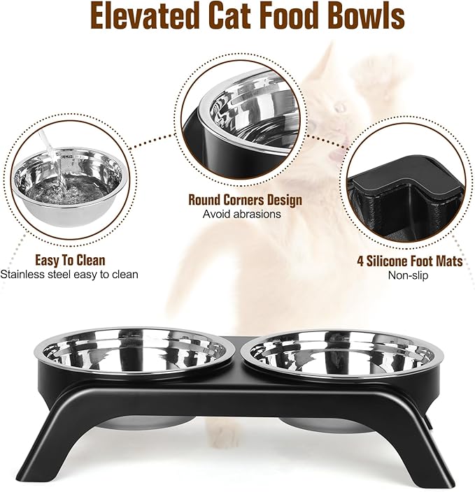 Elevated Cat Bowls, Anti Vomiting Raised Cat Food Bowl with 2 Stainless Steel Bowls, Prevent Neck Pain Cat Bowl Set, ABS Anti Slip Stand Cat Bowls for Indoor Cats & Puppies (Grey)