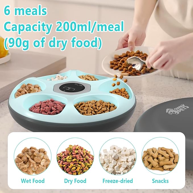 Ownpets Automatic Cat Feeder for Wet and Dry Food, with 2 Ice Packs, 6 Meals Programmable Timed Pet Feeder, Cordless Rechargeable Auto Feeder for Cats/Small Dogs, Black