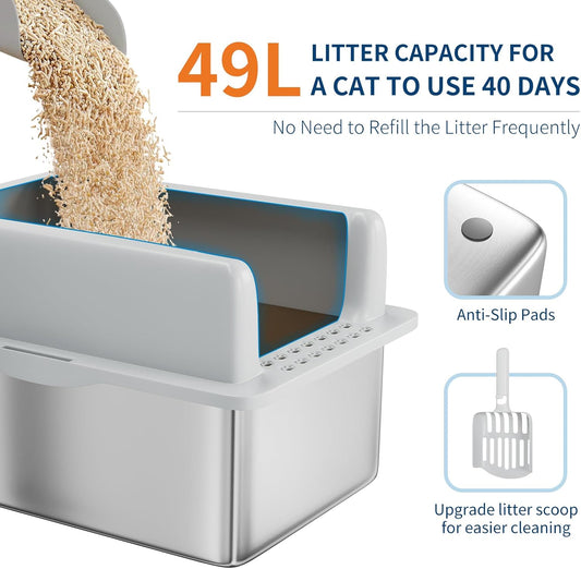 Stainless Steel Cat Litter Box 8 inch, XXL Large Cat Litter Tray with High Side, Platform Step and Scoop for Big Cats Multiple Cats, Easy Clean