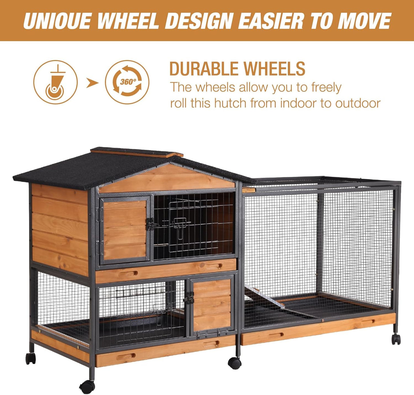 Rabbit Hutch Bunny Cage Strong Iron Frame Rabbit Cage Indoor and Outdoor Chicken Coop with Casters Waterproof Roof, Great for Rabbit,Bunny,Guinea Pig,Chickens.