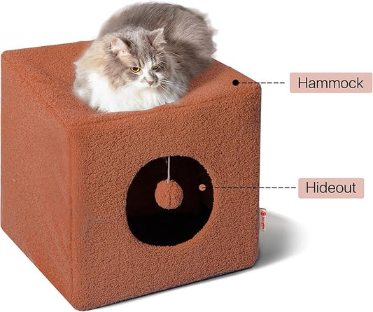 Cat House for Indoor Cats, Fluffy Large Cube Cat Cave Bed, Perfect Hideaway for Multiple Cats & Small Pets, Detachable Sherpa Cover 16 Inches