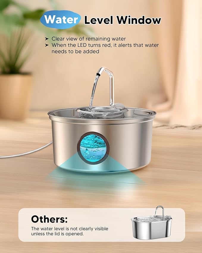 Dog Water Fountain Stainless Steel - 3.2L/108oz Dog Fountain and Removeable Suction Dog Bowls, Kitty Fountain with Multi-Filter, Water Level Window, Pet Fountain for Cats and Dogs