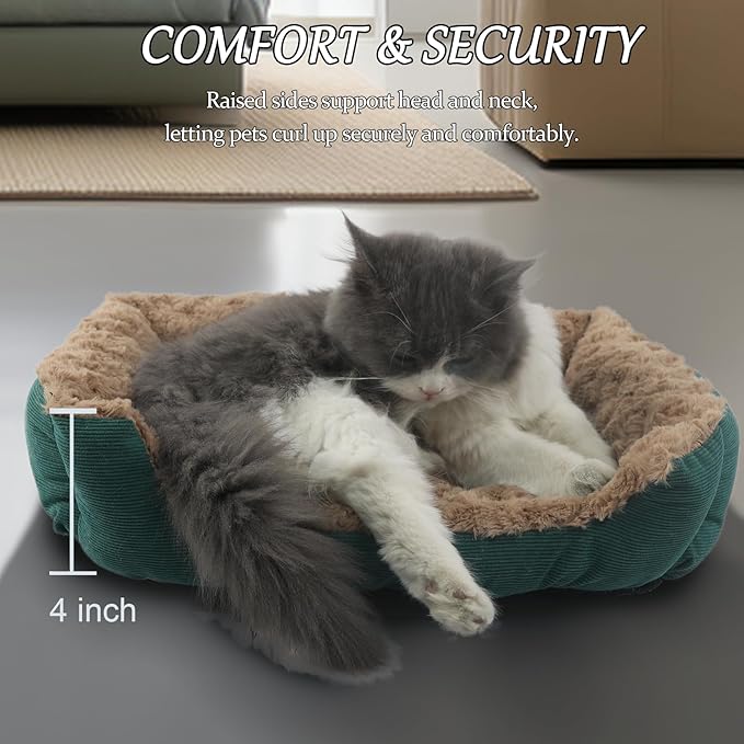 Dog Beds for Extra Small Dogs Washable, Cat Beds for Indoor Cats Super Soft 18"X14" Rectangle Anxiety Kitten Pet Bed with Anti Slip Bottom Plush Snuggler Puppy Sofa Up to 10 Lbs,Green