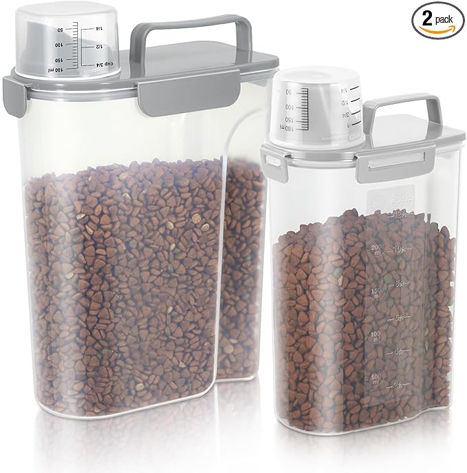 Dog Food Storage Container, Upgraded Large Nozzle BPA-free, 8-12 LBS Plastic Pet Food Storage Containers, With 4 Sealed Clasps, 1 Measuring Cup and Handle, Easy to Clean and Carry -2 Packs