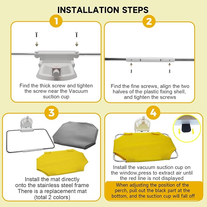 Cats Window Perch with Strong Suction Cup, Large Cat Hammock Bed for Window with 2 Mats, Kitten Hammock with Metal Frame for House Indoor Large Suction Cup with Red Warning Line
