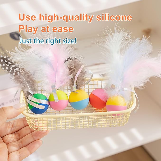 Plumed Cat Ball Toy for Indoor Cats, Assorted Color, Silicone Bouncy Ball Toy Set (5PCS)