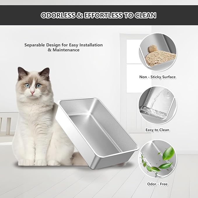 Stainless Steel Cat Litter Box with Lid Extra Large Metal Pan Tray with Enclosed High Sides for Big Cats Multi-Cat, XL Non-Stick Anti-Leakage Easy Cleaning Includes Scoop(Grey)