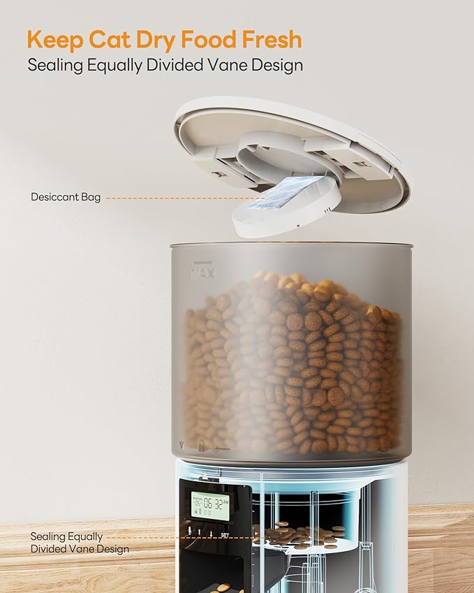 Automatic Cat Feeder Food Dispenser: 6L Timed Small Dog Dry Food Dispenser with 10s Voice - Distributeur Nourriture Chat Hund Programmable - Auto Pet Feeder with 1-6 Meals White