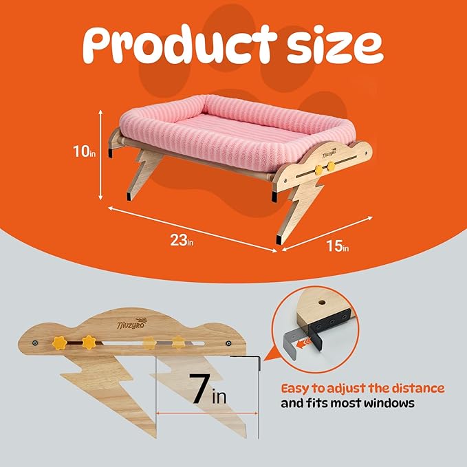 Large Hanging Cat Window Perch & Seat - Sturdy Solid Wood Frame, Easy to Adjust Hammock Bed with Padded Enclosure | for Windowsill & Shelf | Beds for Inside Cats, Indoor Cats & Small Dogs