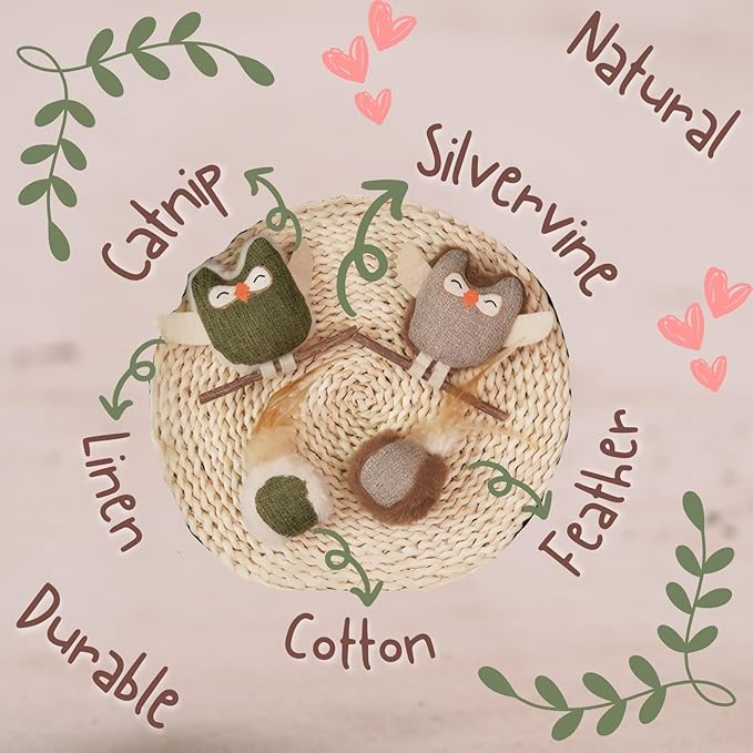 Tails & Tales Cat Toys Owls, Catnip & Silvervine Plush, Bite-Resistant & Soft Interactive Toys for Indoor Cats & Kittens, Reduces Stress & Encourages Activity, Pack of 4