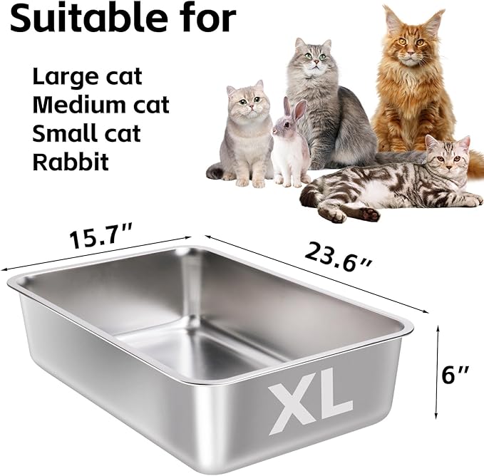Stainless Steel Litter Box 2 Pack-XLarge Metal Litter Box-High Sided Cat LitterBox for Adult Big Cats, Stainless Steel Cat LitterBoxe 6IN Deep- Easy to Clean,Non Stick, No Smell