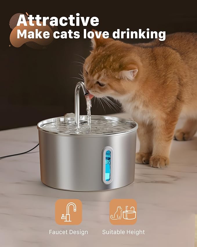 Cat Water Fountain Stainless Steel: 108oz/3.2L Cat Fountain for Drinking - Pet Water Fountain for Cats Inside - Automatic Cat Water Dispenser Bowl - Cat Feeding & Watering Supplies 6 Filters 3 Sponges