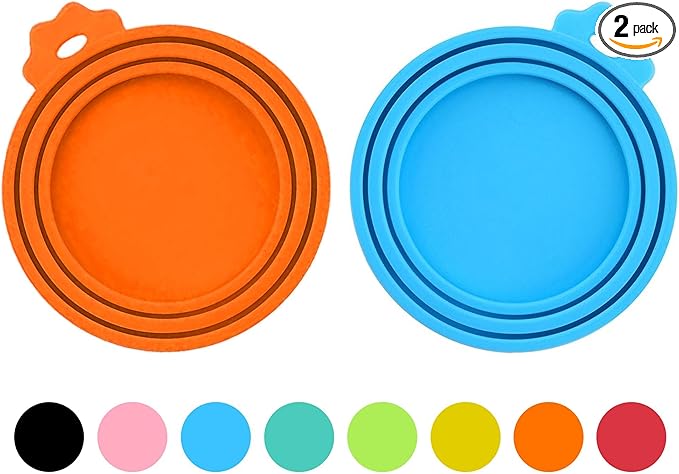 2 Pack Pet Food Can Covers, Silicone Universal Can Lids for Dog & Cat Food, BPA Free, One Fit Most Standard Size Can Lids Top Orange/Blue