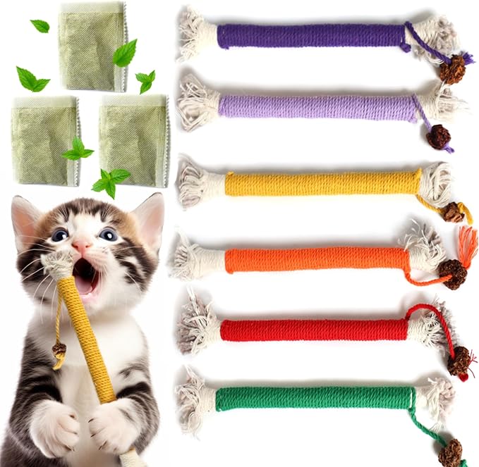 Kitten Toys, Cat Chew Toy for Teeth Cleaning, Catnip Rope Toys for Indoor Kittens, Interactive Cat Nip Teething Toys for Cats, Kitty Kicker Toy, 6 Pack (Plus 3 Pouches of Catnip)