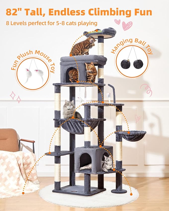 Taoqimiao MS032G 83In Cat Tree for Indoor Cats Large Adult, XXL-Cat Tower, Suitable 20lb+ Heavy Duty Large Cats, 2 Luxurious Cat Cando with 8 Scratching Posts,Oversized Metal Hammocks,Smoke Gray