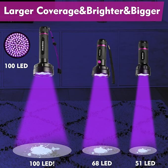 EverBrite UV Flashlight, 100 LED Blacklight Flashlights, 395nm Black Light Flashlight for Pet Urine Detection, Scorpions, Dry Stains, Bed Bug (Batteries Included)