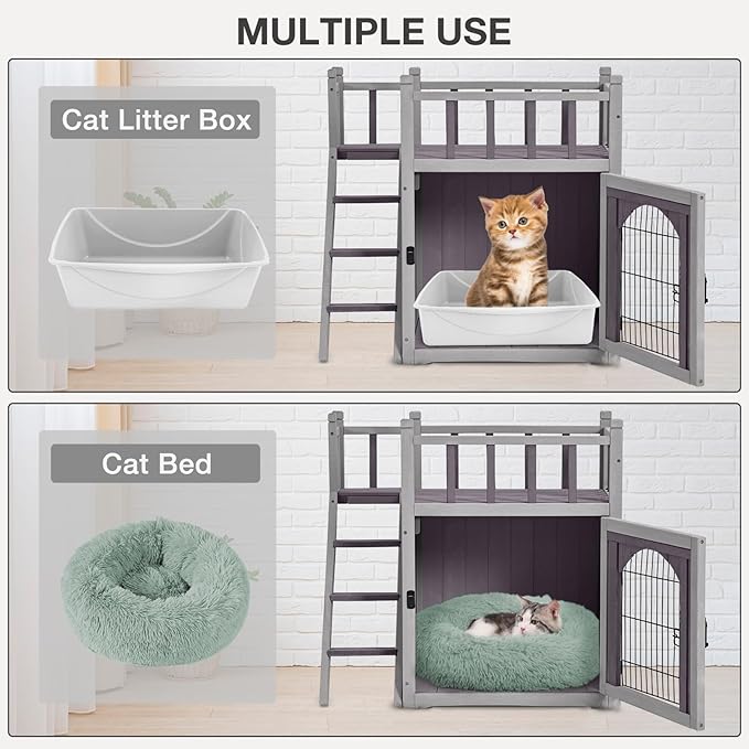 Cat House Outdoor or Indoor, Wooden Feral Cat Shelter with Large Balcony and Stairs, Kitty House with Lockable Wire Door