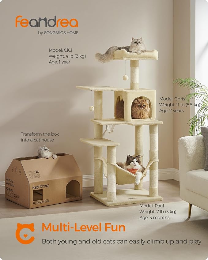 Feandrea Cat Tree, 56.3-Inch Cat Tower for Indoor Cats, Multi-Level Cat Condo with 4 Scratching Posts, 2 Perches, Hammock, Cave, Beige UPCT161M01