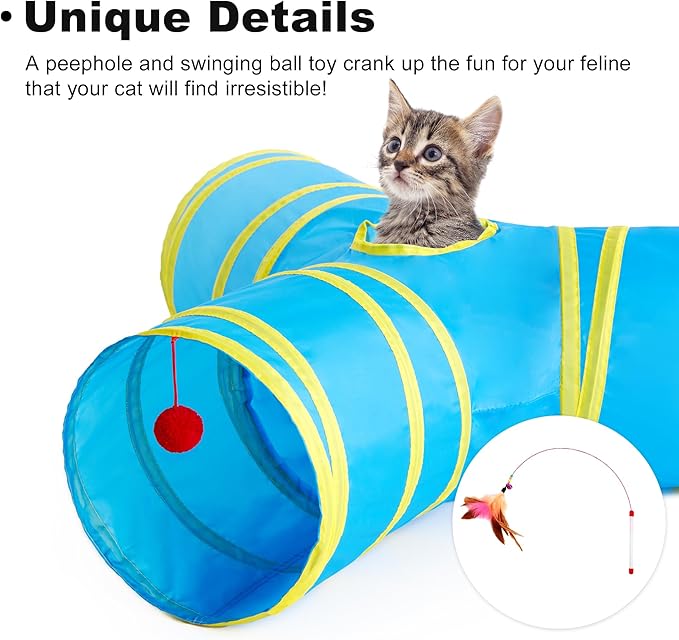 Love's cabin Cat Tunnel Tube Toys 3 Way Collapsible, Cat Tunnels for Indoor Cats，Kitten Tunnel Bored Pet Play Tunnel with Peek Hole Toy Ball for Kitty, Kitten, Rabbit, Puppy Blue&Yellow