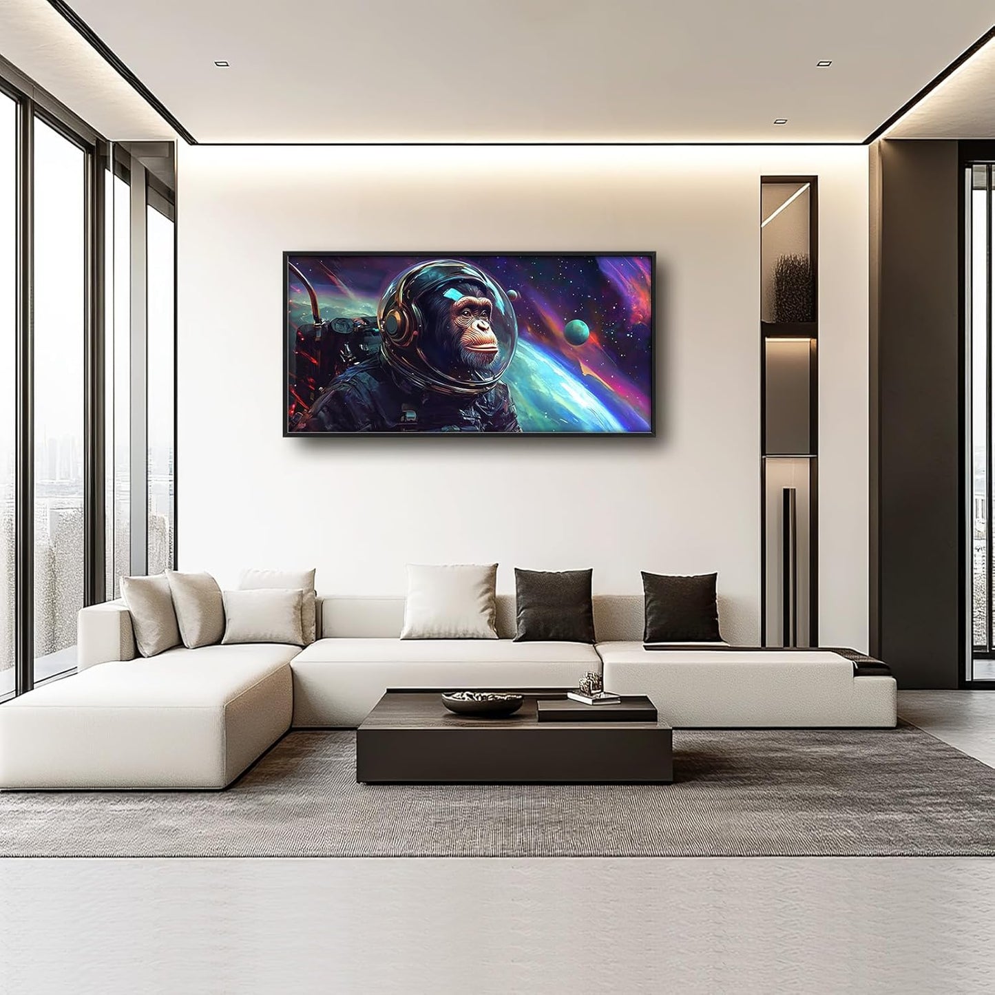Framed Large Monkey Astronaut Wall Art, Oversized Chimpanzee Spacemen Wall Decor for Living Room, Outer Space Canvas Painting Pictures Modern Artwork for Living Room Bedroom Office 60"x30"