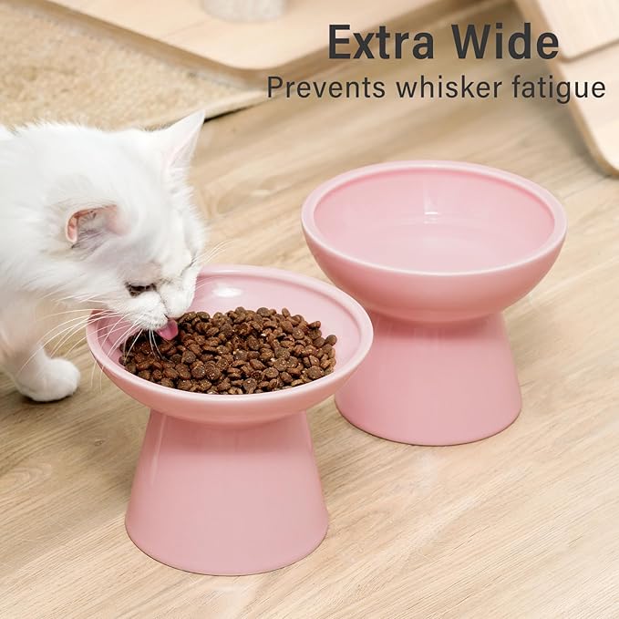 Extra Wide Elevated Ceramic Cat Water Bowl - 6.2" Deeper Dish for Whisker Fatigue Relief, 5" Height for Easy Feeding, Lead & Cadmium Free, Durable Raised Cat Bowls, Pink