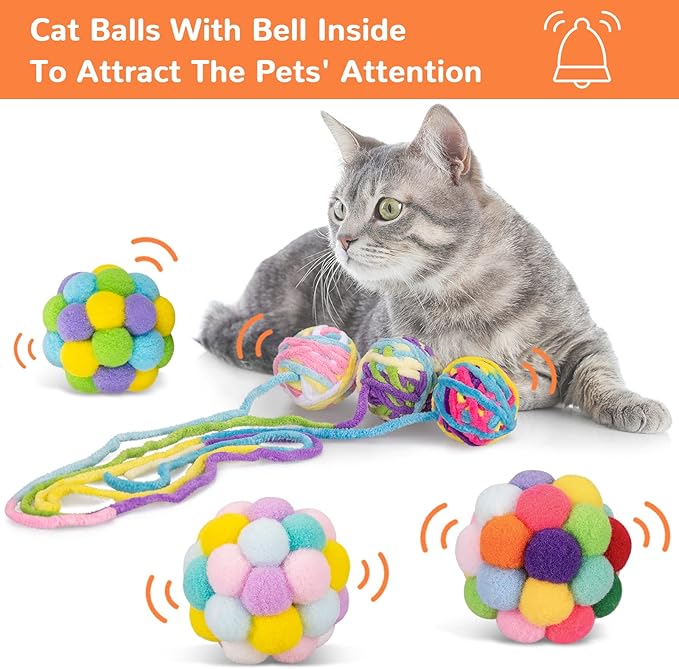Retro Shaw Cat Toys Balls, 6Pcs Yarn Cat Balls with Bells Inside, Interactive Kitten Chew Toys for Indoor Kittens Kitty, Jingle Kitten Ball with String