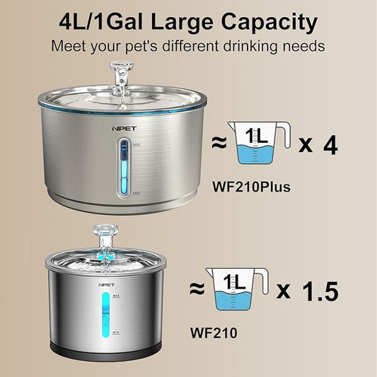 NPET Stainless Steel Cat Water Fountain, 1Gallon/135oz Automatic Pet Drinking Fountain Dog Water Dispenser Bowl with Water Level Window for Cats Indoor - WF210plus