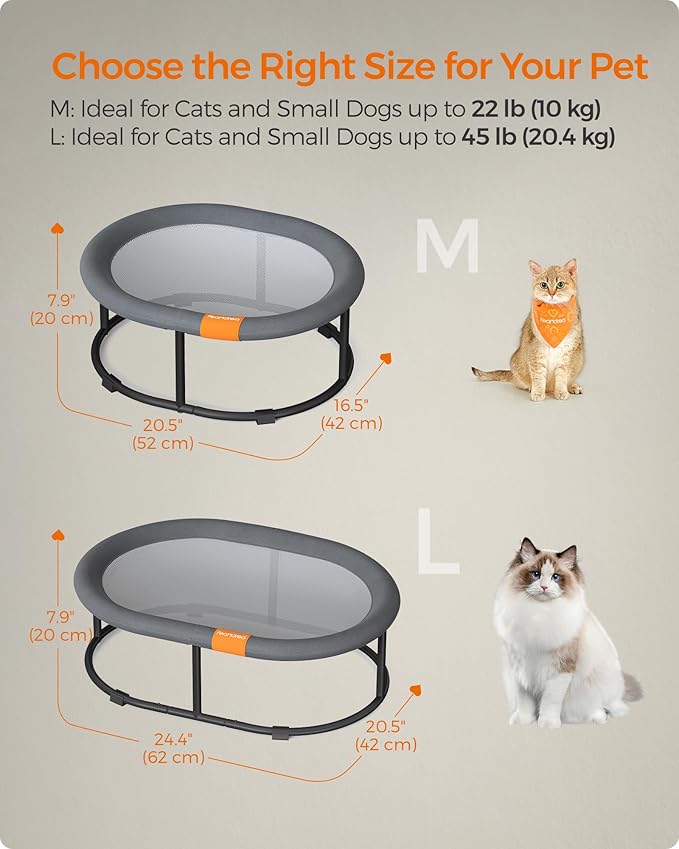 Feandrea Pet Bed, Cat Hammock, Elevated Cat Bed for Multiple Cats, with Removable Washable Mesh, for Pets up to 28 lb, Oval, Gray UPCB002G01