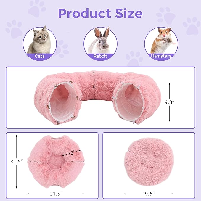Plush Cat Tunnel Bed for Indoor Cats with Soft Cushion, Multi-Shape Play Cave with Hanging Balls, Large and Foldable Cat Donut Tunnel for Small and Large Pets (Pink)