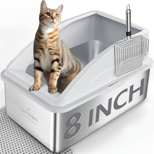Stainless Steel Litter Box | XXL Deepened 8" Design Enclosed Cat Litter Box with Lid for Big Cats | High Sided, Anti-Urine Leakage | Non-Stick Bottom & Includes Litter Mat & Metal Scoop