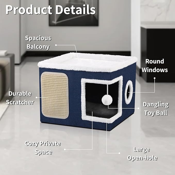 Cat House Bed for Indoor Cats, Large Cat Cave with Cozy Condo, Fluffy Hanging Ball, Scratch Pad, Hide-and-Seek, Foldable Indoor Cat House Hideaway with Double-Sided Soft Cushions for All Seasons, Blue