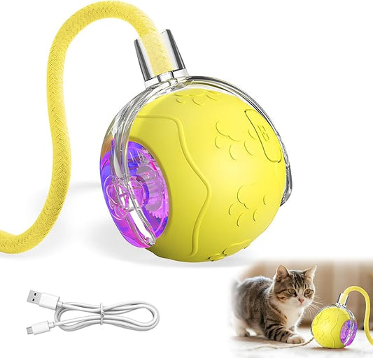 Interactive Cat Toy Balls,2025 New Interactive Rolling Cat Balls,Smart Automatic Rolling Pet Ball,Automatic Obstacle Avoidance Cat Toy with Rope for Cat & Dog (Yellow)