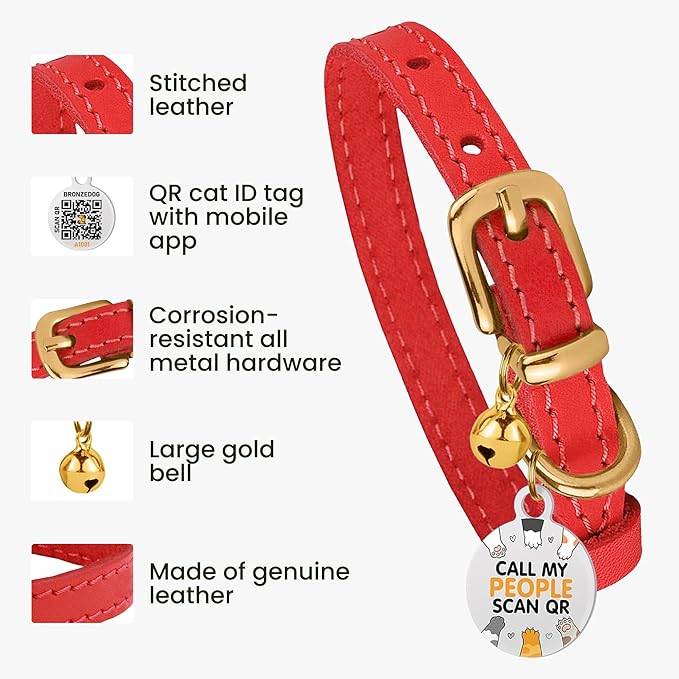 BRONZEDOG Leather Cat Collar with Removable Bells Non Breakaway Kitten QR Tag for Girl Boy (7" - 9" for Cats, Red & Gold)