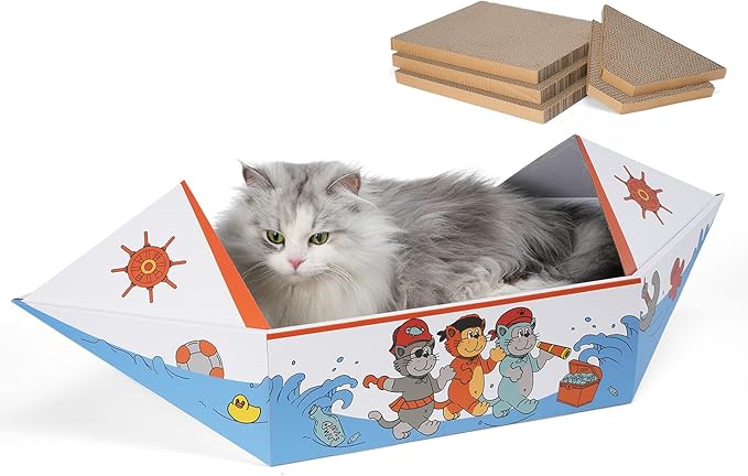 Cat Scratcher Boat with 5 Pack Cardboard Scratch Pad, 30" Extra Long Cat Scratch Box for Indoor Cats, Heavy Duty and Double-Sided Scratching Board