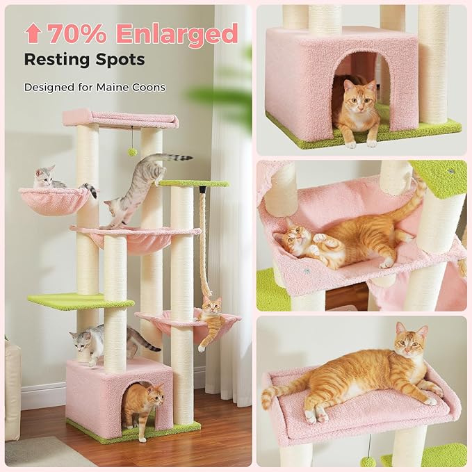 Pink Cat Tree for Large Cats 20 lbs, 67-Inch Tall Heavy Duty Cat Tower with 13 Thick Sisal Scratching Posts (φ4.3), Maine Coon Cat Tree for Indoor Cats, 2 Platforms, 3 Hammocks, Perch, Condo