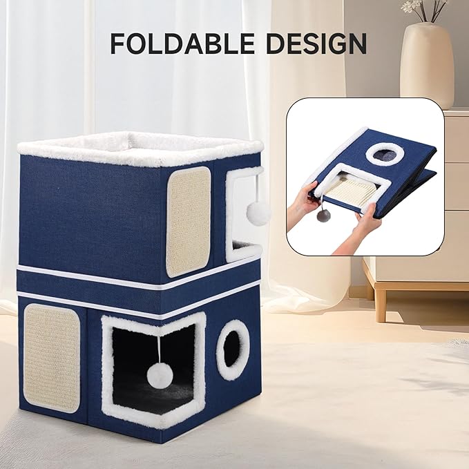 2-Storey Cat House for Indoor Cats, Large Double Cat Bed Cave with Hideaway Condos, Scratch Pads, Hanging Balls, Foldable Indoor Cat House Hold Up to 30LBS, Cat Cube for Multiple Cats Kitten, Blue
