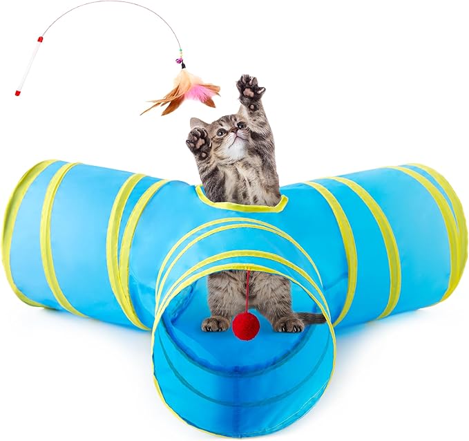 Love's cabin Cat Tunnel Tube Toys 3 Way Collapsible, Cat Tunnels for Indoor Cats，Kitten Tunnel Bored Pet Play Tunnel with Peek Hole Toy Ball for Kitty, Kitten, Rabbit, Puppy Blue&Yellow