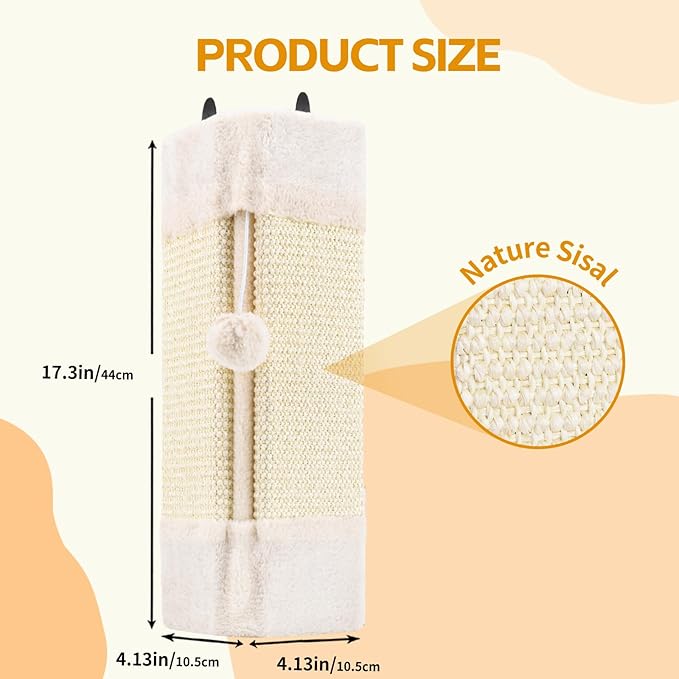 Wall Corner Cat Scratcher for Indoor Cats- Wall Mounted Sisal Scratching Pad with Hanging Ball - Vertical Corner Wall Mount Scratch Panel, Protector for Wall Corner