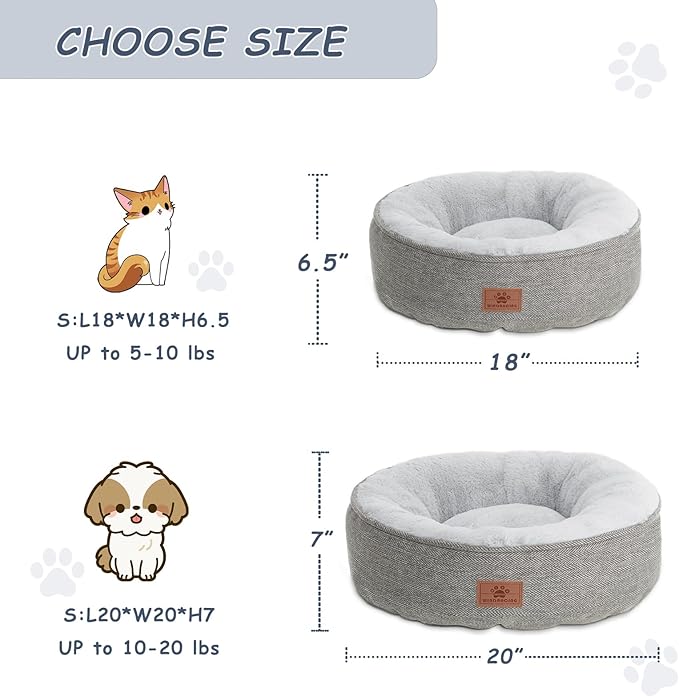 Cat Beds for Indoor Cats, Dog Bed for Small Dogs Breeds, Soft Kennel Bed, Comfy Durable Pet Sleeping Bed, Washable Roun Cat Bed & Non-Slip Bottom, Size 20" L x 20" W x 7" Th