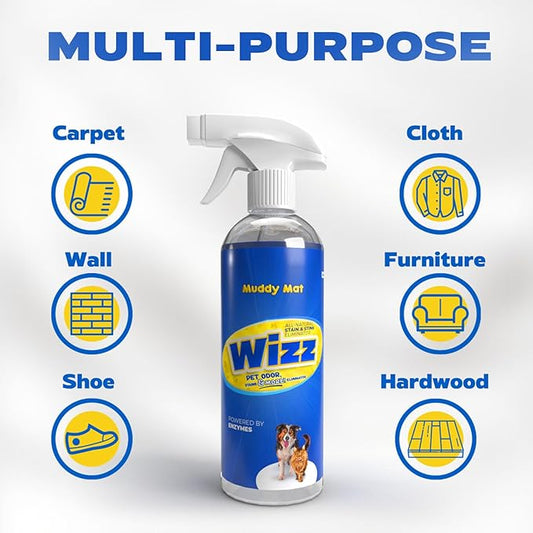 Muddy Mat® Wizz Stain & Odor Remover for strong odor of Cat & Dog Pee Cleaner, Pet urine odor eliminator, Remove strain and Odor from carpets, fabric, clothing, furniture & Pets - 24oz Spray