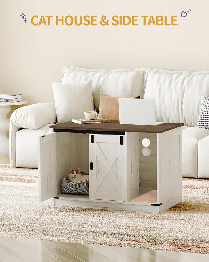 Cat Litter Box Enclosure, Hidden Litter Box Cabinet Furniture with Bell, Indoor Cat House, Farmhouse Style, 31.5 x 19.7 x 20.9Inches, for Hallway, Bedroom, Rustic Brown and White CB82414X