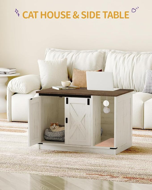 Cat Litter Box Enclosure, Hidden Litter Box Cabinet Furniture with Bell, Indoor Cat House, Farmhouse Style, 31.5 x 19.7 x 20.9Inches, for Hallway, Bedroom, Rustic Brown and White CB82414X