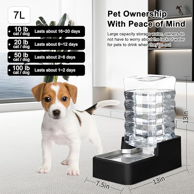 RIZZARI Stainless Steel Pet Water Feeder: 7L Automatic Leak-Proof Gravity Dispenser for Cats Dogs Indoor Outdoor Use（Black Without Filter,7L）