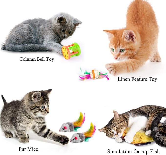 MIBOTE 28Pcs Cat Toys Kitten Toys Assorted, Cat Tunnel Catnip Fish Feather Teaser Wand Fish Fluffy Mouse Mice Balls and Bells Toys for Indoor Cat Puppy Kitty Interactive Cat Toy Set