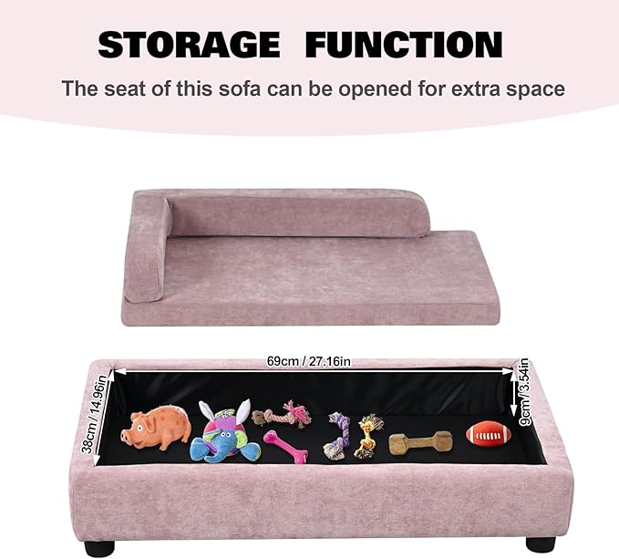 AFBKSS&BB Pet Sofa with Hidden Storage for Puppy and Cat,Linen Fabric Dog Sofa,Cat Couch with Wooden Frame (Pink)