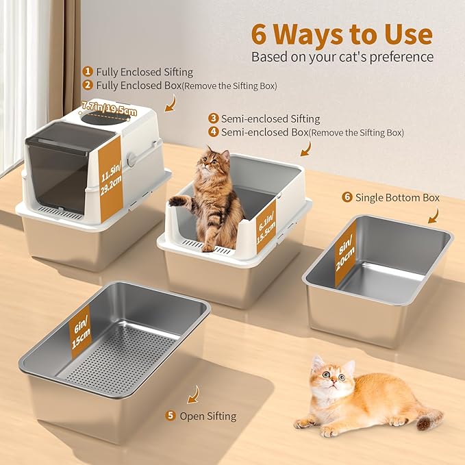 Stainless Steel Sifting Litter Box, Fully Enclosed Sifting Cat Litter Box with Lid, 23.6"L x 15.7"W x 19.44"H Multi-Purpose Stainless Steel Litter Box Enclosure, Anti-Leakage, Easy Clean for Big Cats