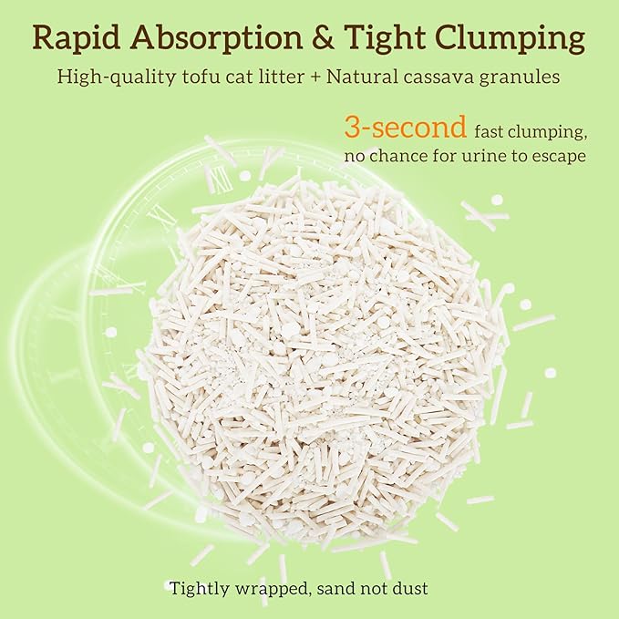 Non-Stick Strong Clumping Cat Litter, 4Packs Plant Odor Control Tofu Cat Litter + Cassava Mixed Litter, Low Dust Easy to Scoop, Light Color for Health Tracking, 36Lb