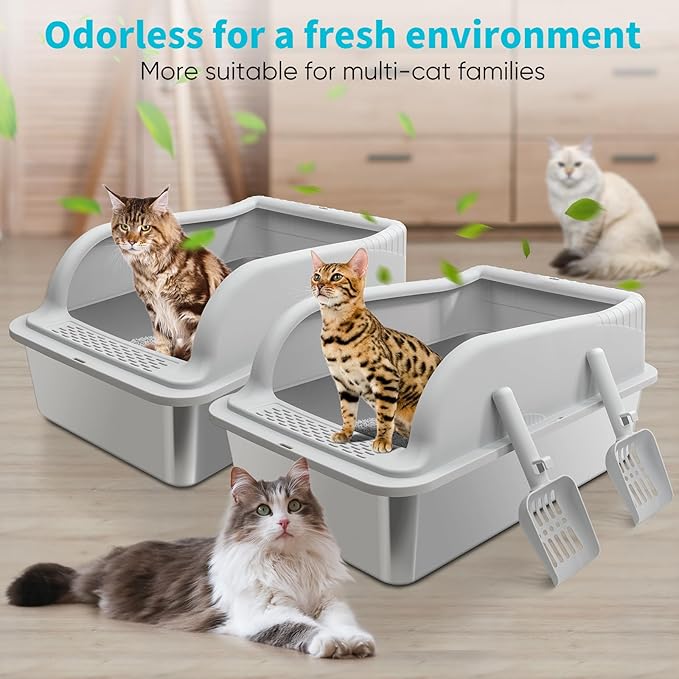 2PACK Stainless Steel Litter Boxes with Lid High Sides for Big Cats, 23.5"L x 15.5"W x11.8"H, Fashion Extra Large Metal Kitty Litter Boxs with Two Scoops, Leak-Proof,Odorless,Non-Stick,Easy Cleaning
